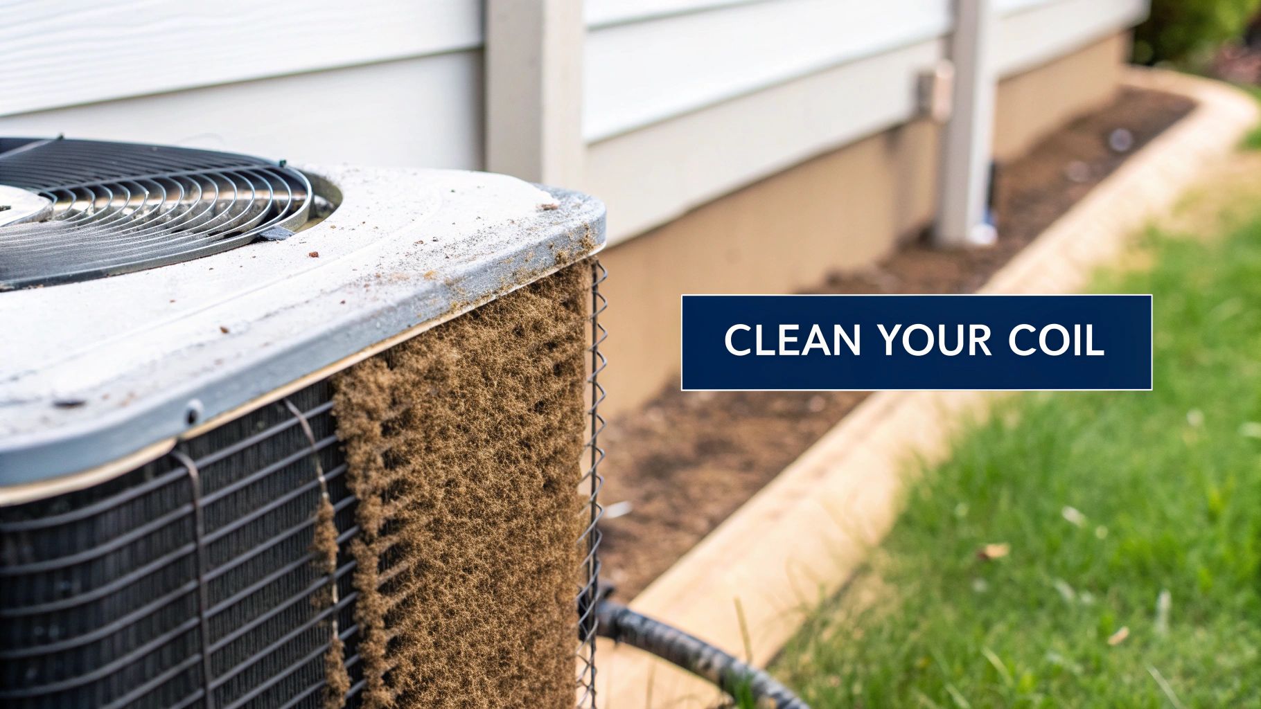A Homeowner's Guide to Using Condensing Coil Cleaner 2 Close-up of a filthy outdoor AC unit coil clogged with dirt, highlighting the need for cleaning.