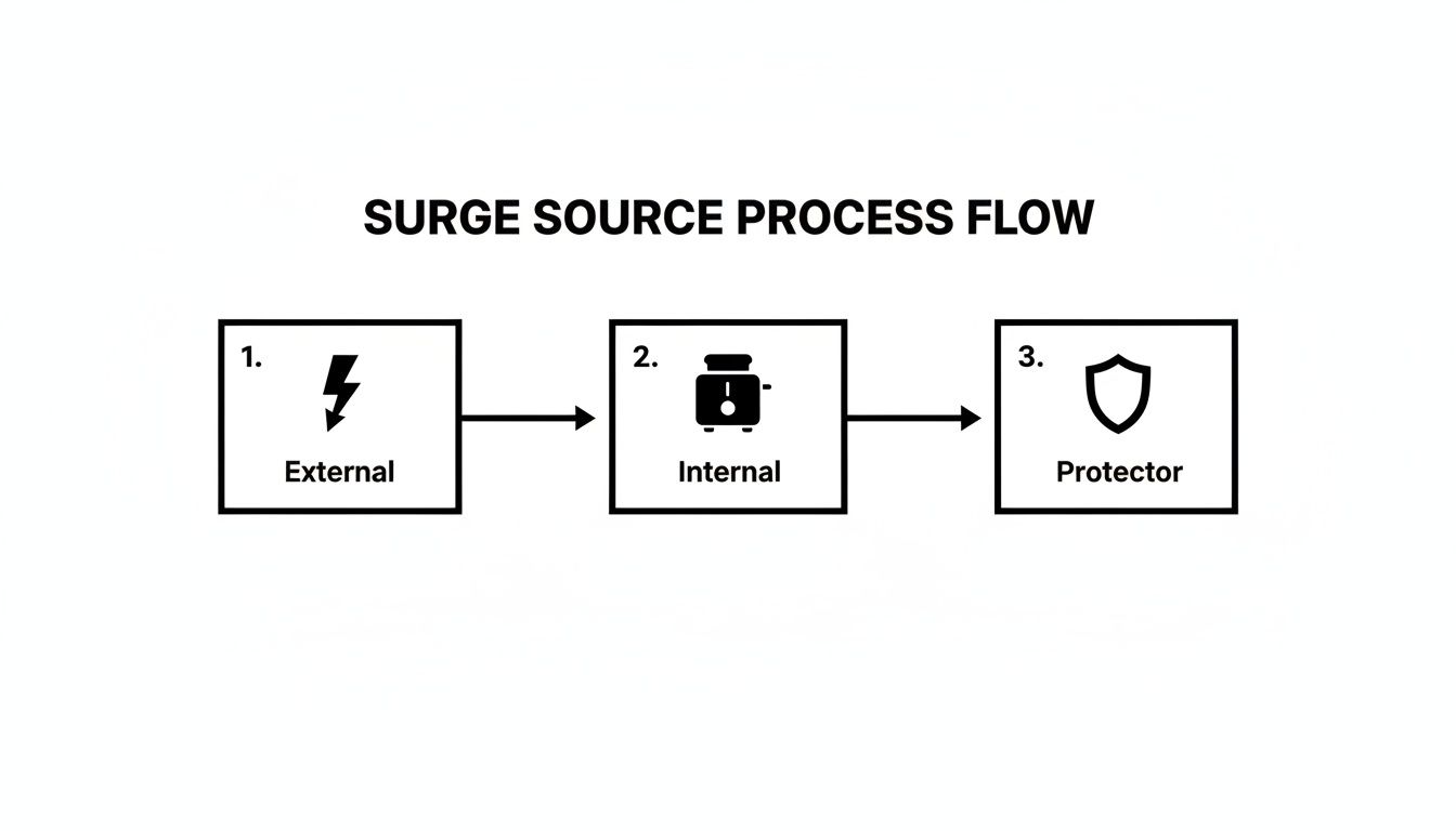 A diagram illustrates the surge source process flow, from external and internal sources to a protector.