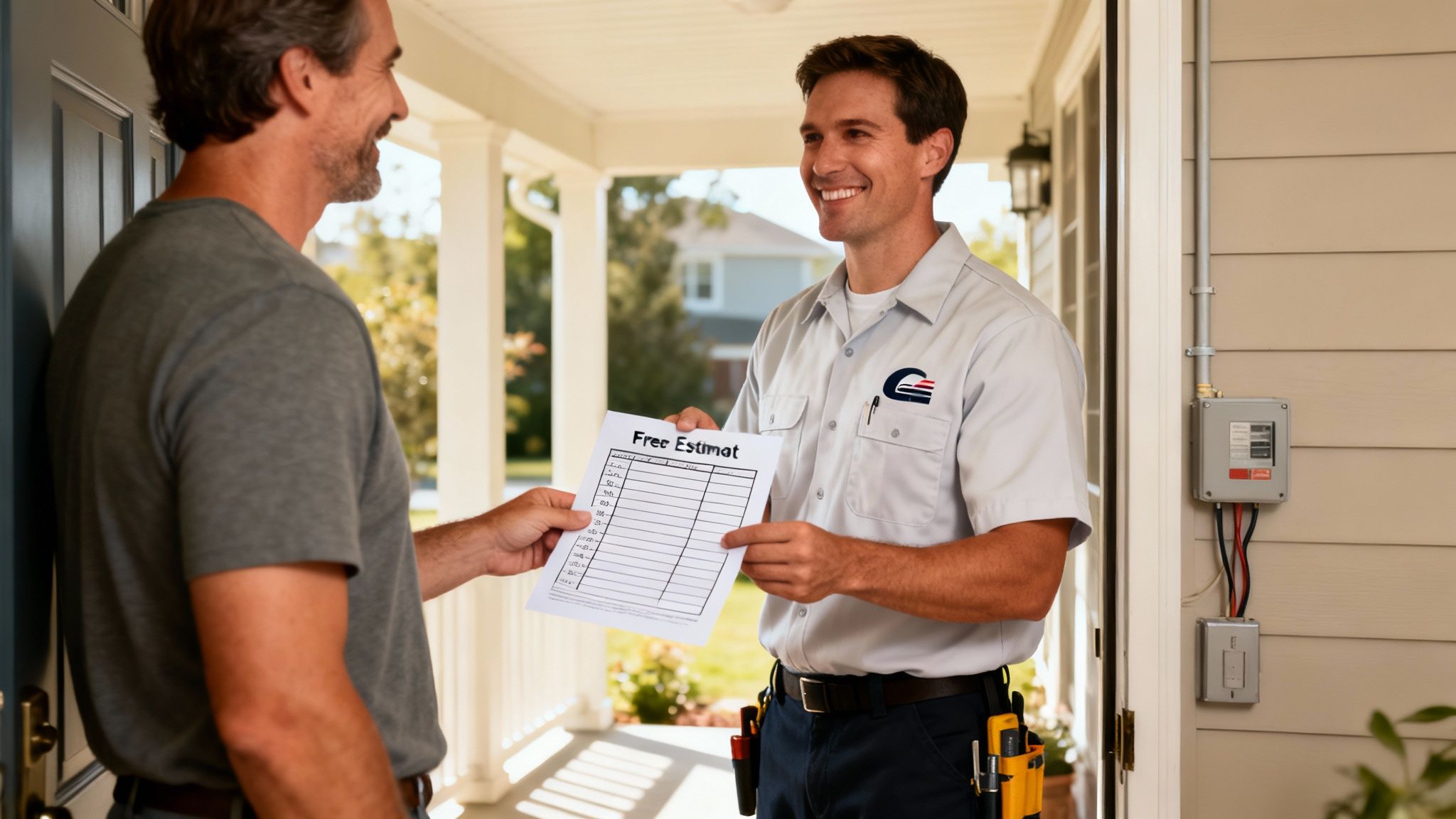 A smiling electrician hands a free estimate form to a happy homeowner at his front door.