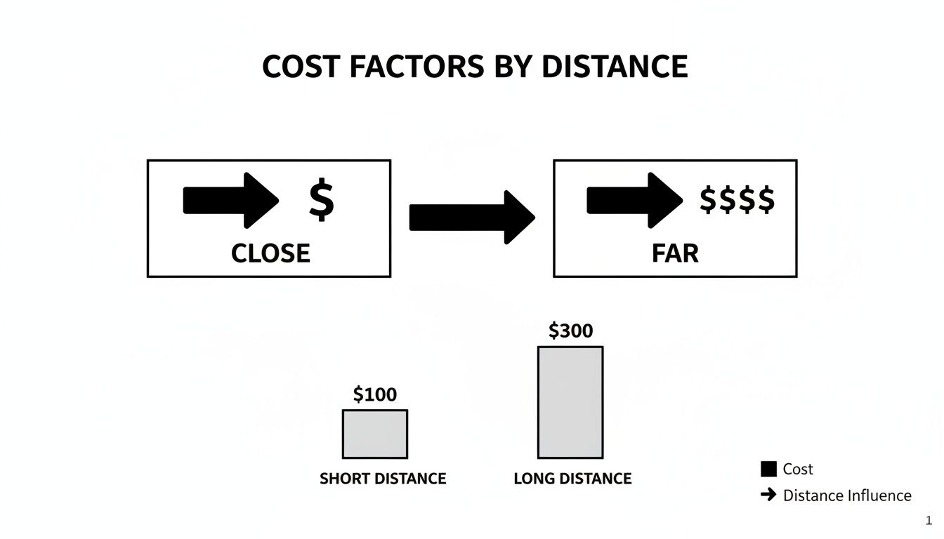 Diagram illustrating how cost factors increase significantly with greater distances, showing a $100 short distance cost and a $300 long distance cost.