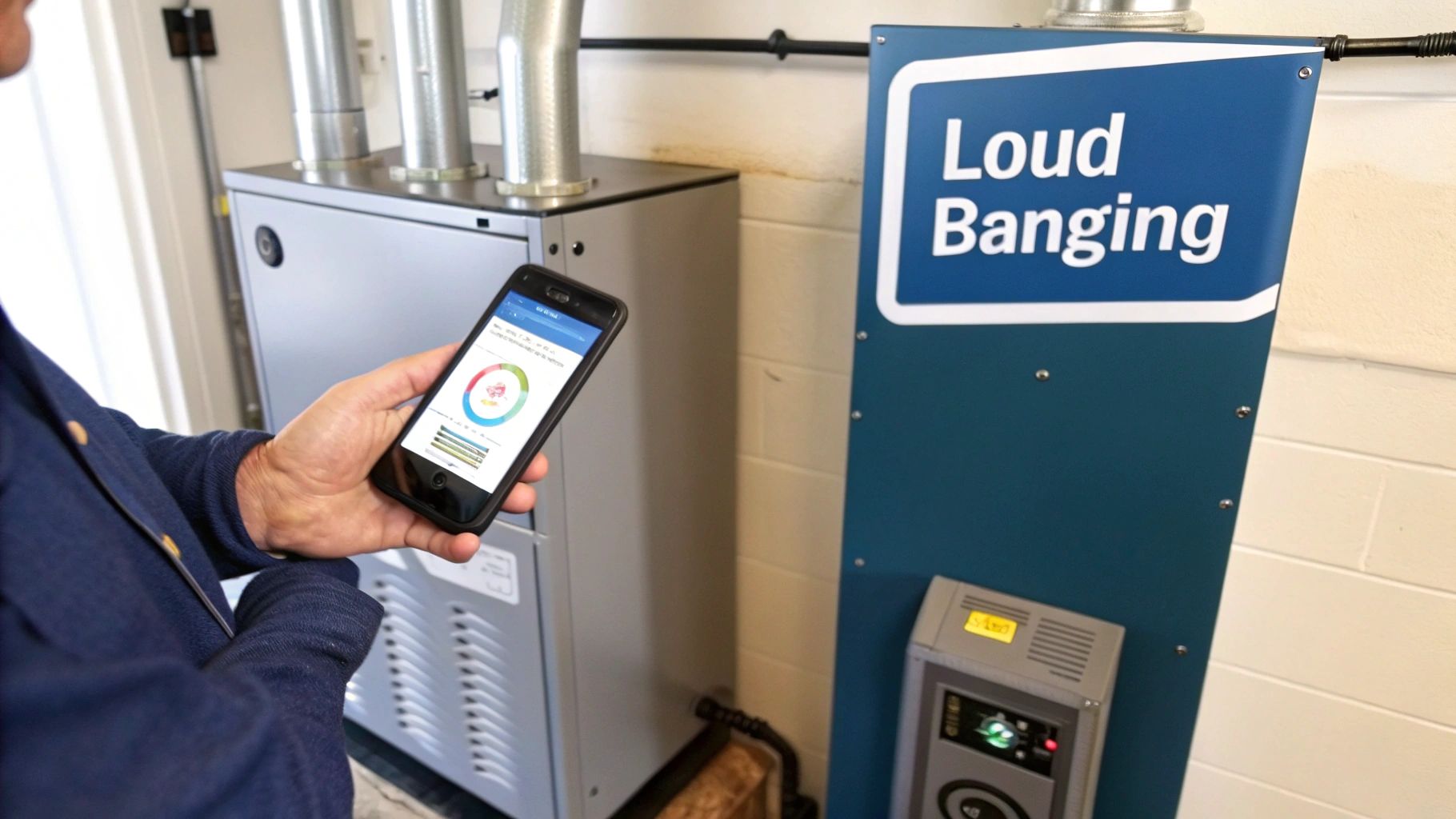 8 Clear Signs Your Furnace Needs Repair in Mesa, AZ (2026 Guide) 2 A person holds a smartphone displaying diagnostic data charts next to a furnace and a sign indicating 'Loud Banging'.