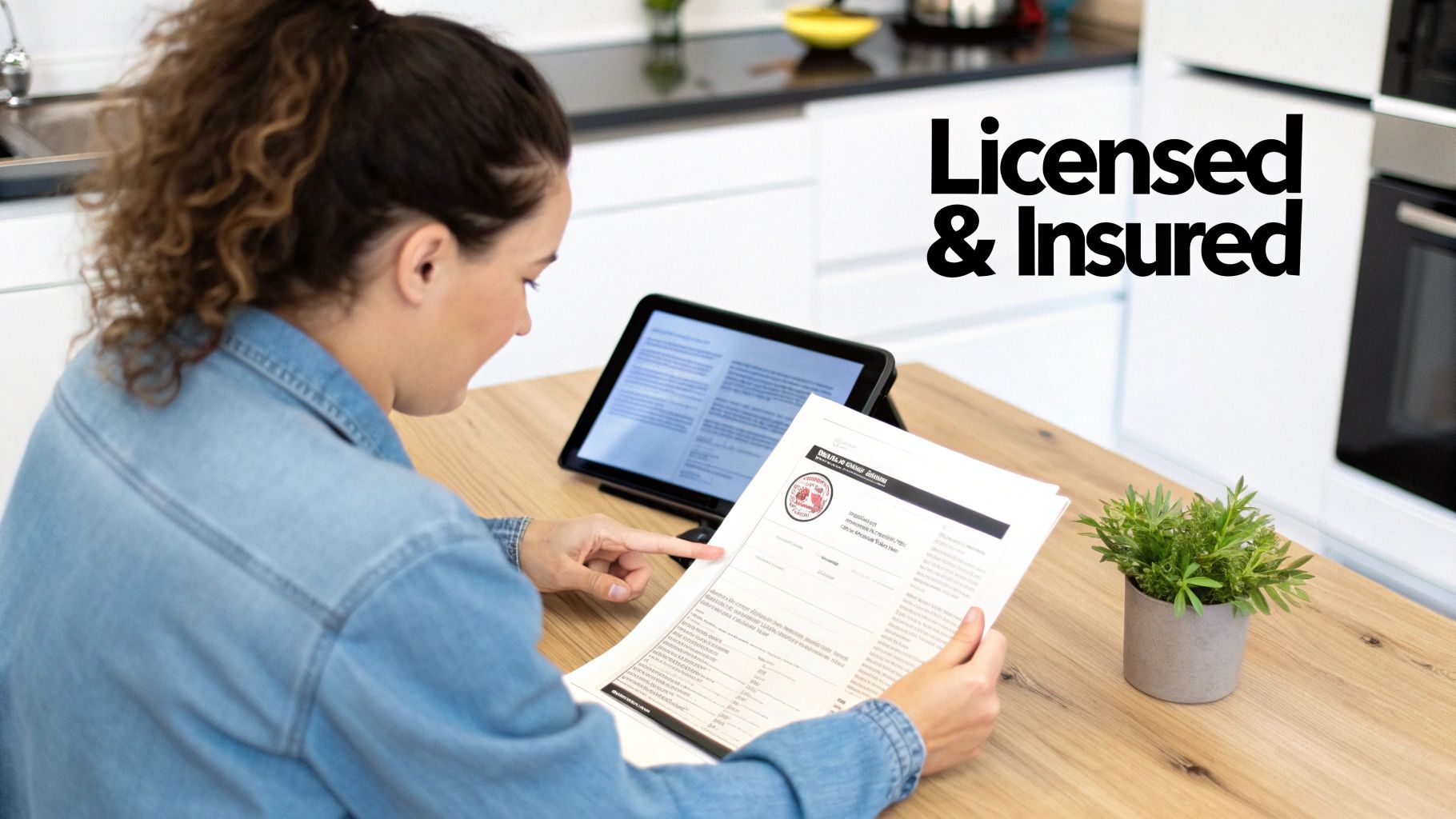 A woman reviews documents and a tablet on a wooden table, with 'Licensed & Insured' text.