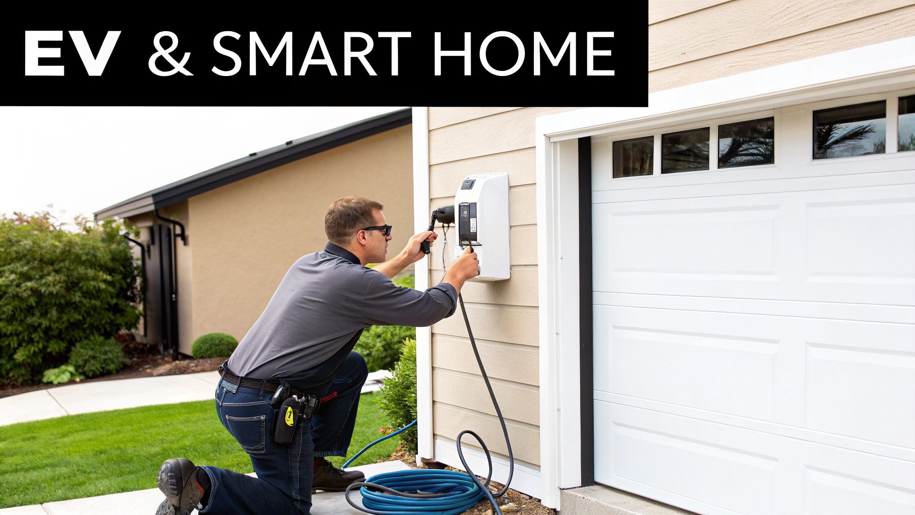 An electrician installs an EV charging station on a home, reflecting EV & Smart Home themes.