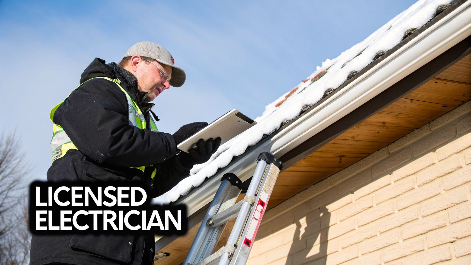A licensed electrician inspects a snow-covered roof and gutter with a tablet from a ladder.