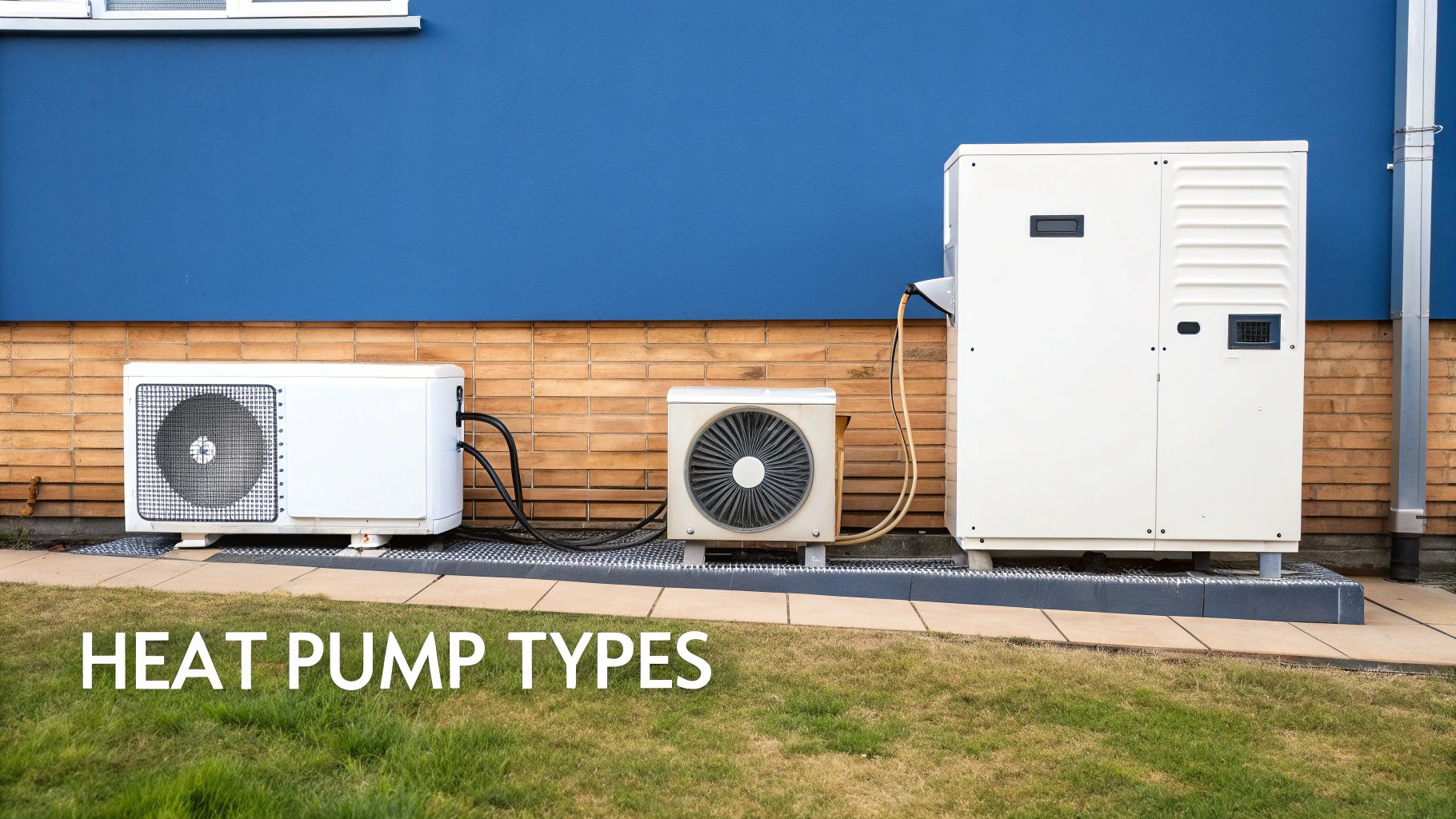 Three outdoor heat pump units installed against a blue house wall with a brick foundation.