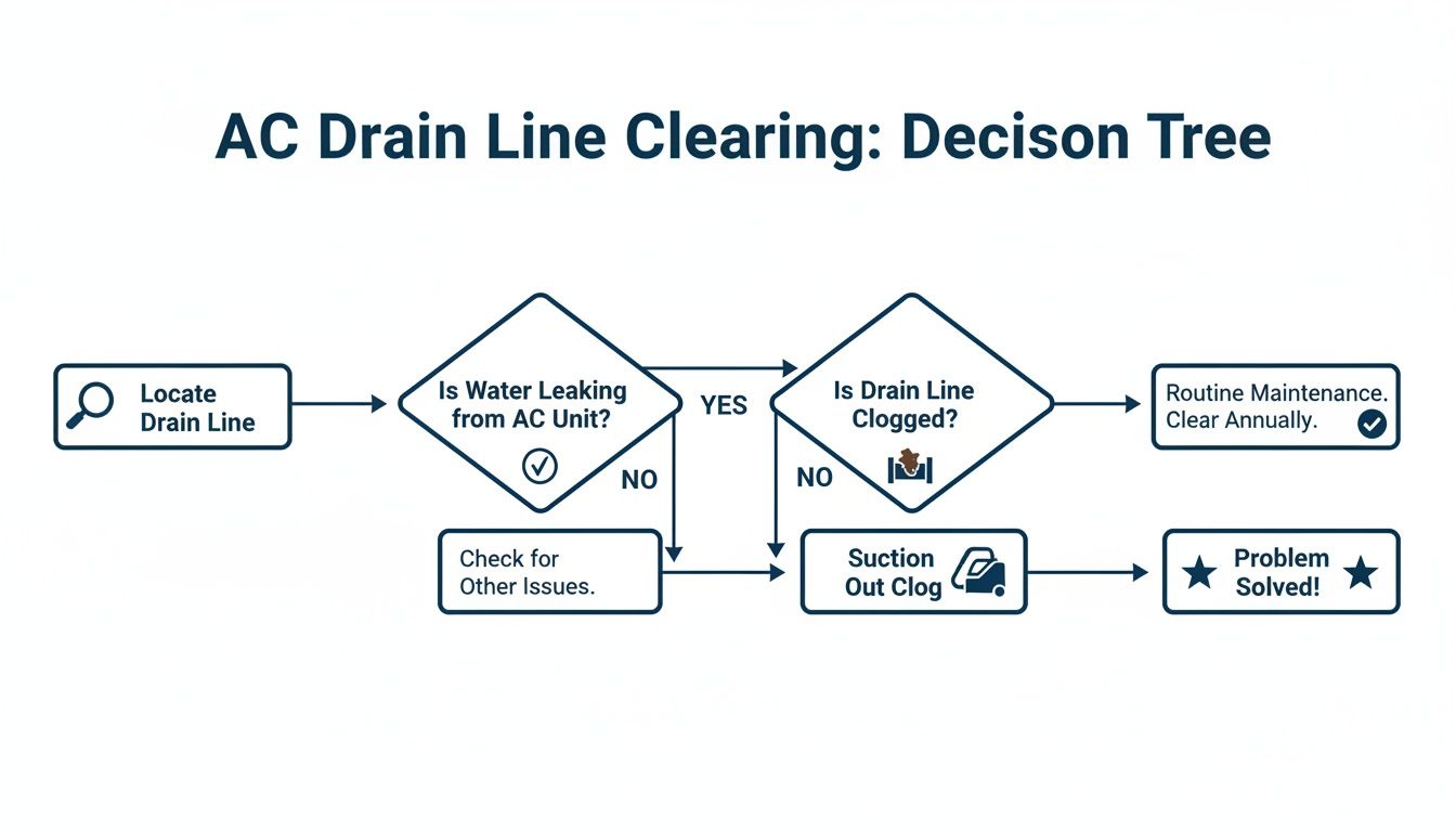 Air Conditioner Dripping Water Inside? A Practical Guide 3 Flowchart detailing steps to clear an AC drain line, including identifying leaks and removing clogs.