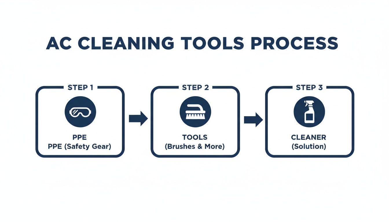 A Homeowner's Guide to Using Condensing Coil Cleaner 3 A visual guide illustrating a 3-step AC cleaning process with PPE, tools, and cleaner solution.