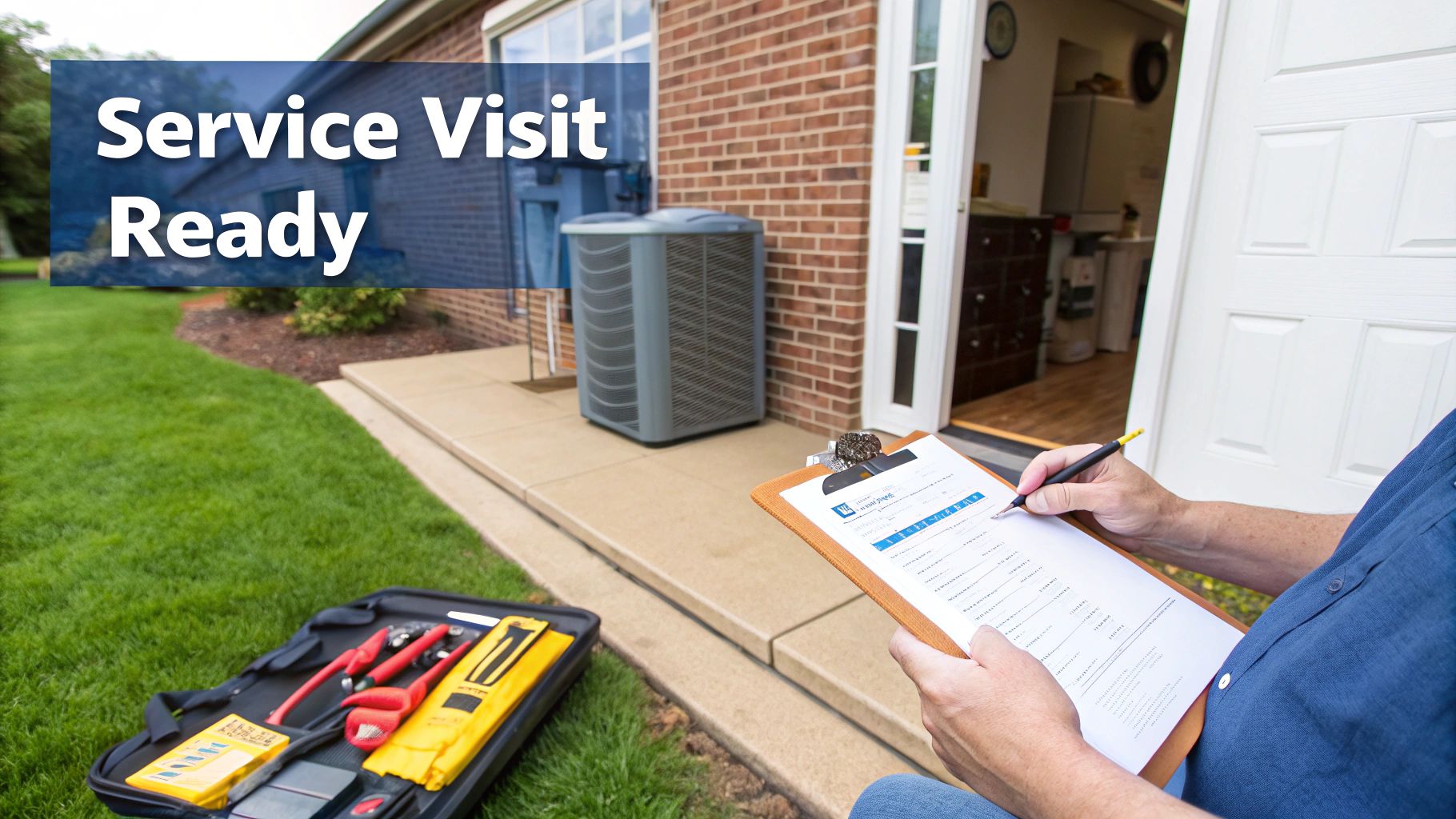 Technician outside a house, writing on a clipboard, with tools and an AC unit nearby, ready for service.