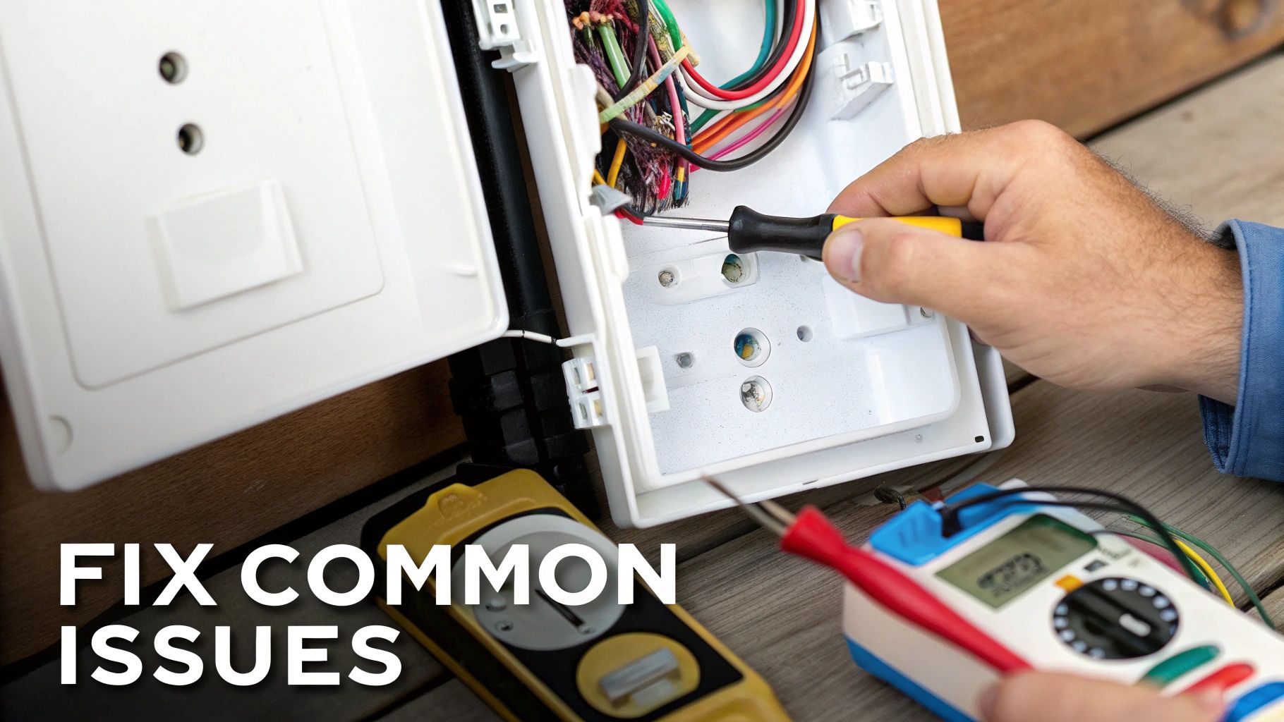 Hand using a screwdriver to fix colorful electrical wires in a white junction box.