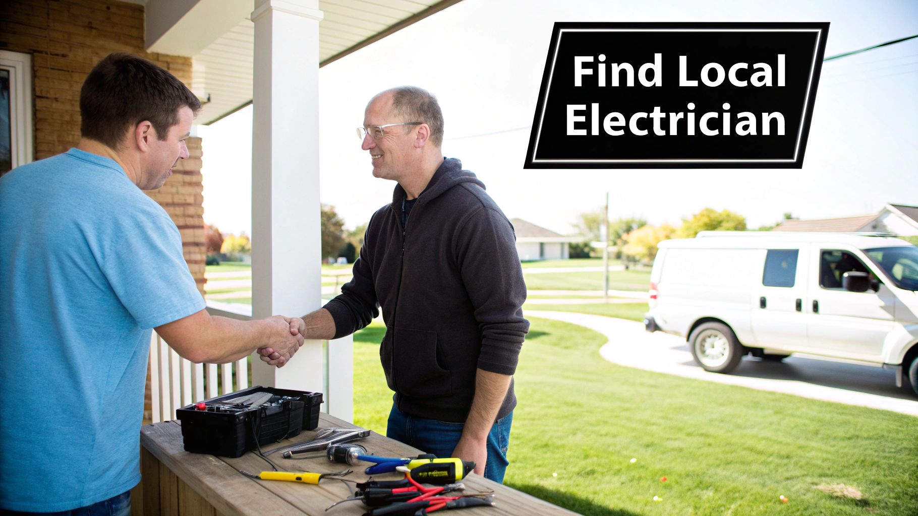 Two men shaking hands on a porch, with an electrician's tools on a table and a service van in the driveway.