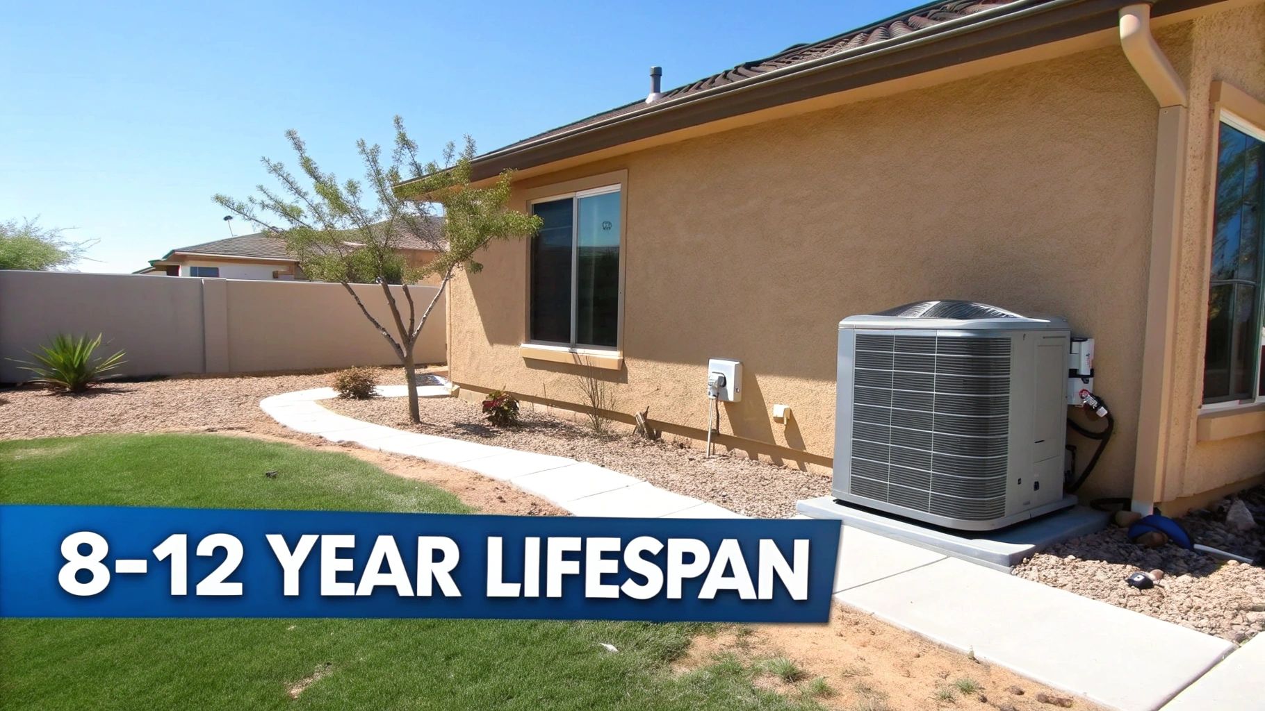 An outdoor AC unit stands beside a tan stucco house in a sunny backyard with a pathway and grass.