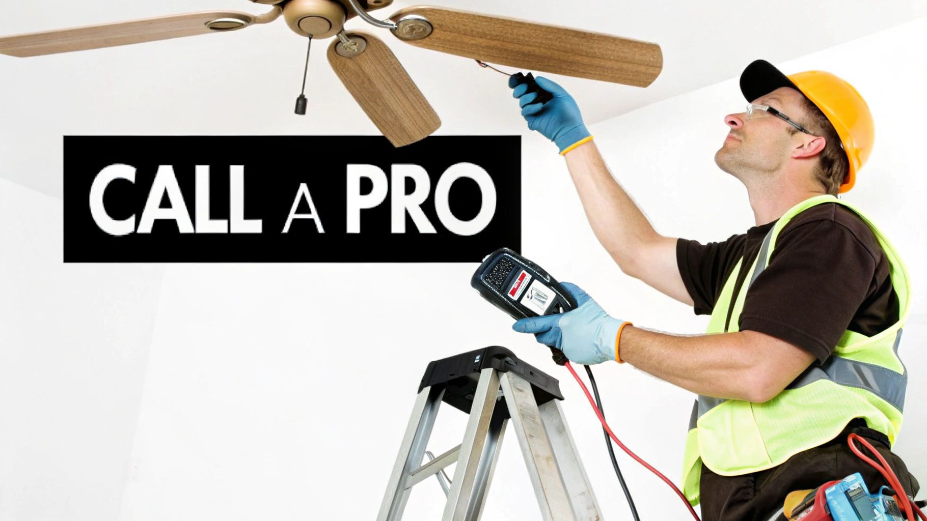 A professional technician wearing a hard hat and gloves repairs a ceiling fan on a ladder.