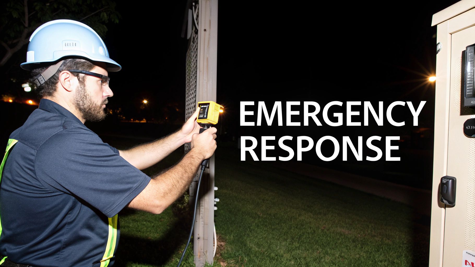 A worker in a hard hat and safety glasses inspecting outdoor equipment at night for emergency response.