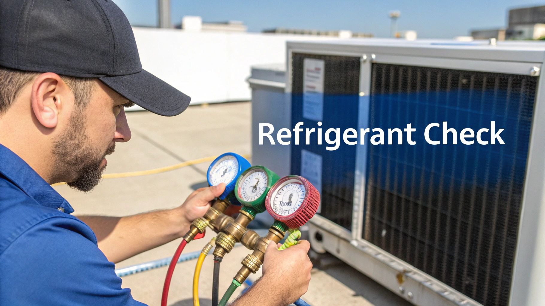 Technician in blue shirt and black cap checking refrigerant levels on a commercial HVAC unit.