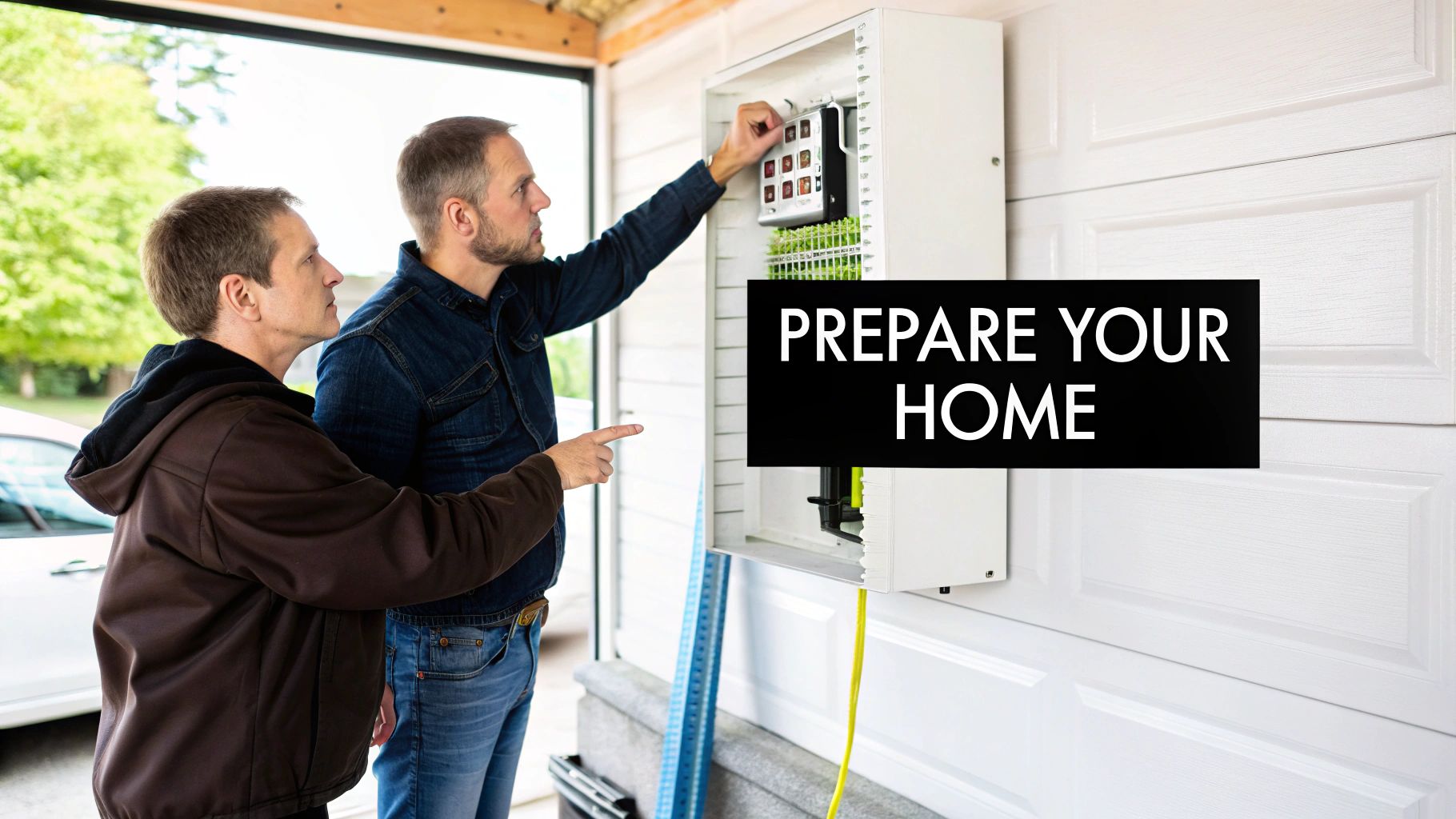 Two men in a garage working on an electrical panel, preparing their home for an installation.