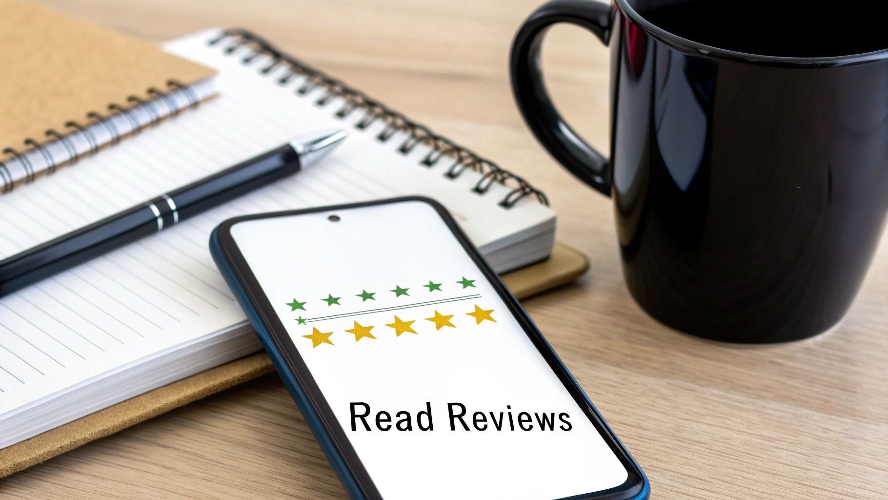 A smartphone displaying 'Read Reviews' and a 5-star rating, alongside a notebook, pen, and coffee mug on a wooden desk.