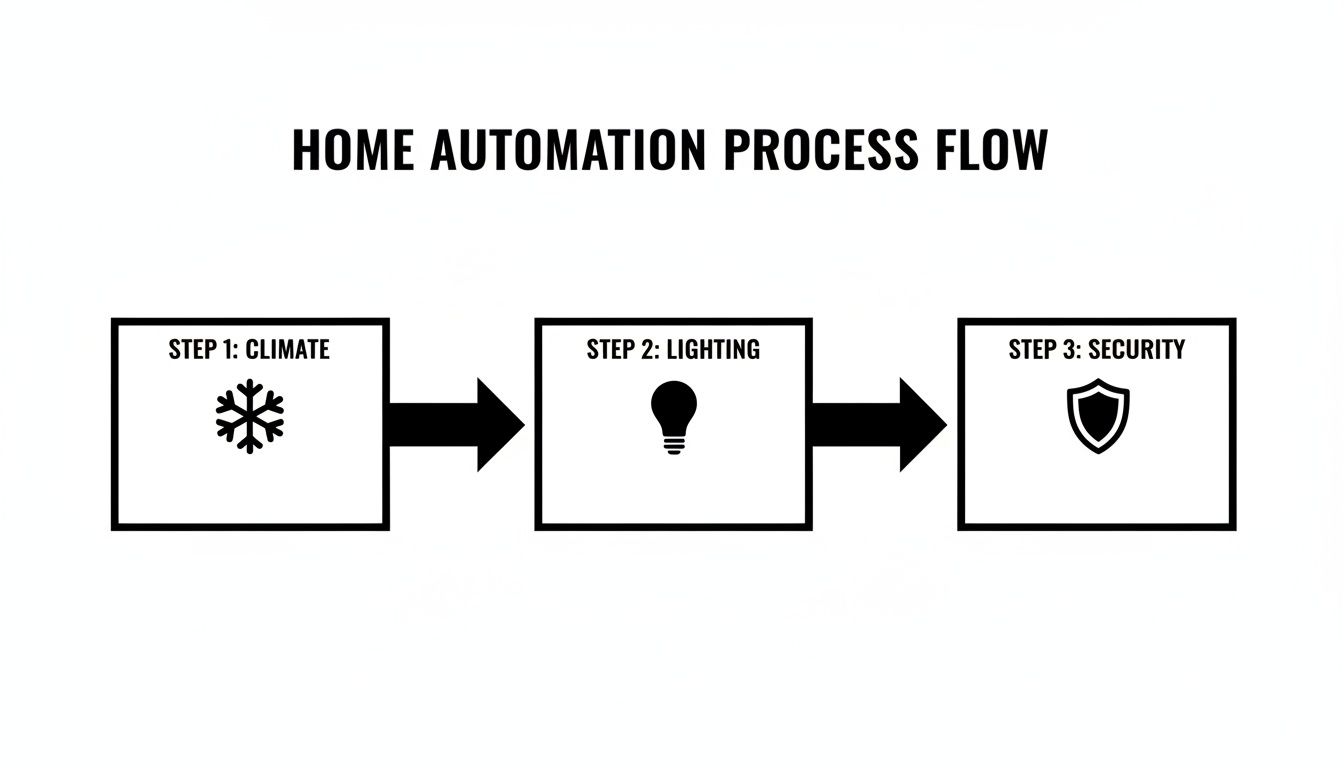 A flowchart showing the home automation process flow for climate, lighting, and security.