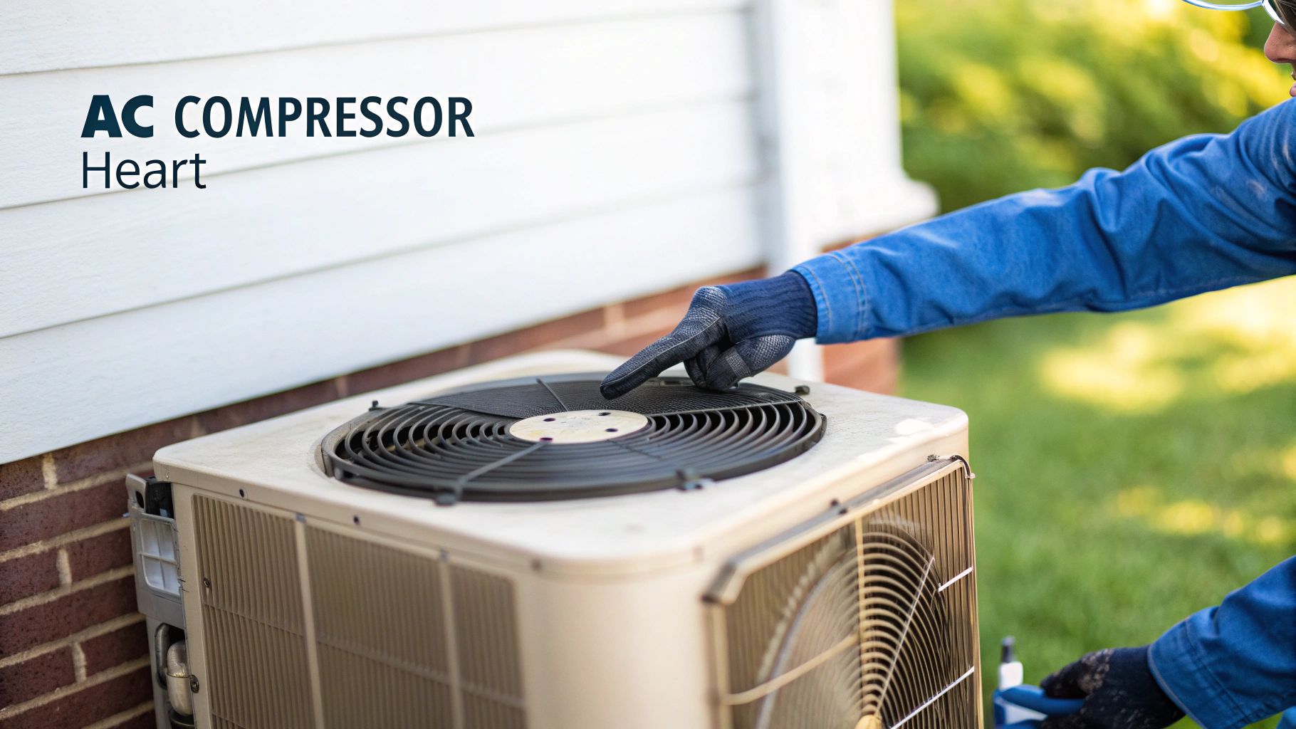 A technician points at the fan of an outdoor AC unit, highlighting the AC compressor.