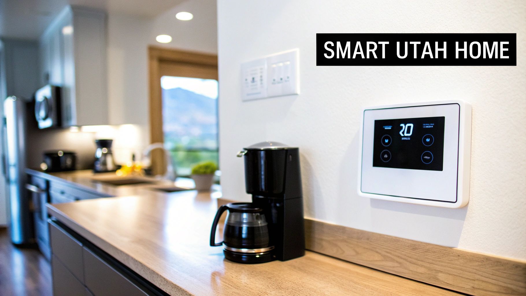 A modern kitchen featuring a coffee maker, wooden countertop, and a smart home control panel on the wall.
