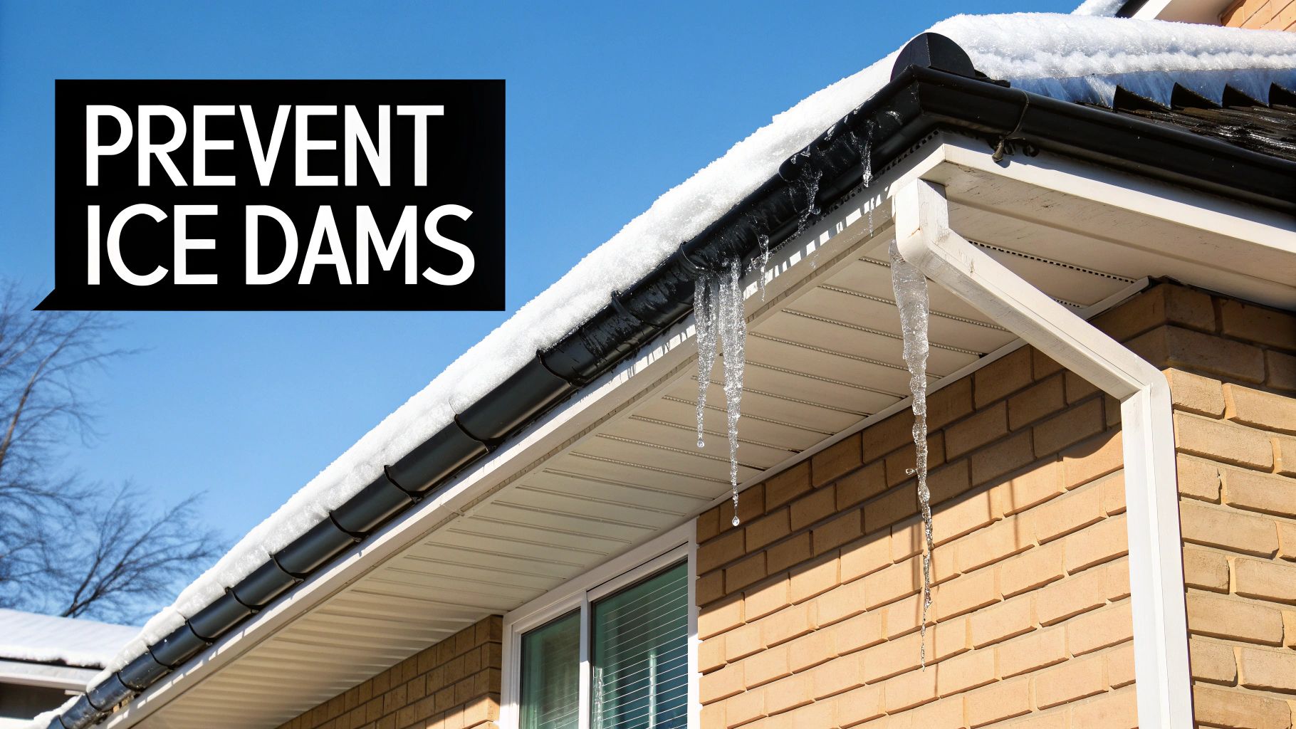 A house roof covered in snow with icicles hanging from the gutters, under a blue sky, with a text overlay 'PREVENT ICE DAMS'.