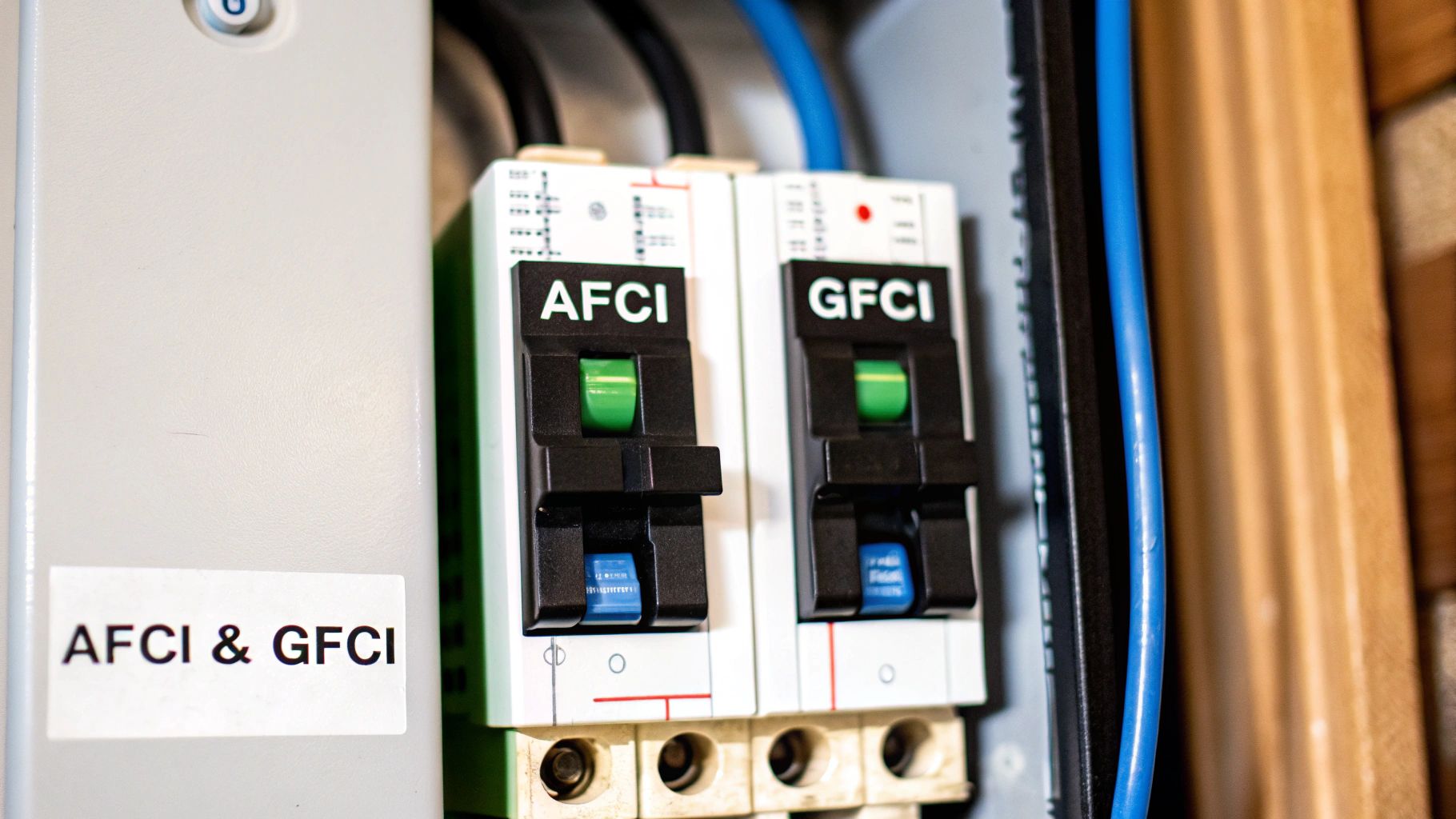 Close-up of two circuit breakers, AFCI and GFCI, with green switches and blue test buttons, in an electrical panel.