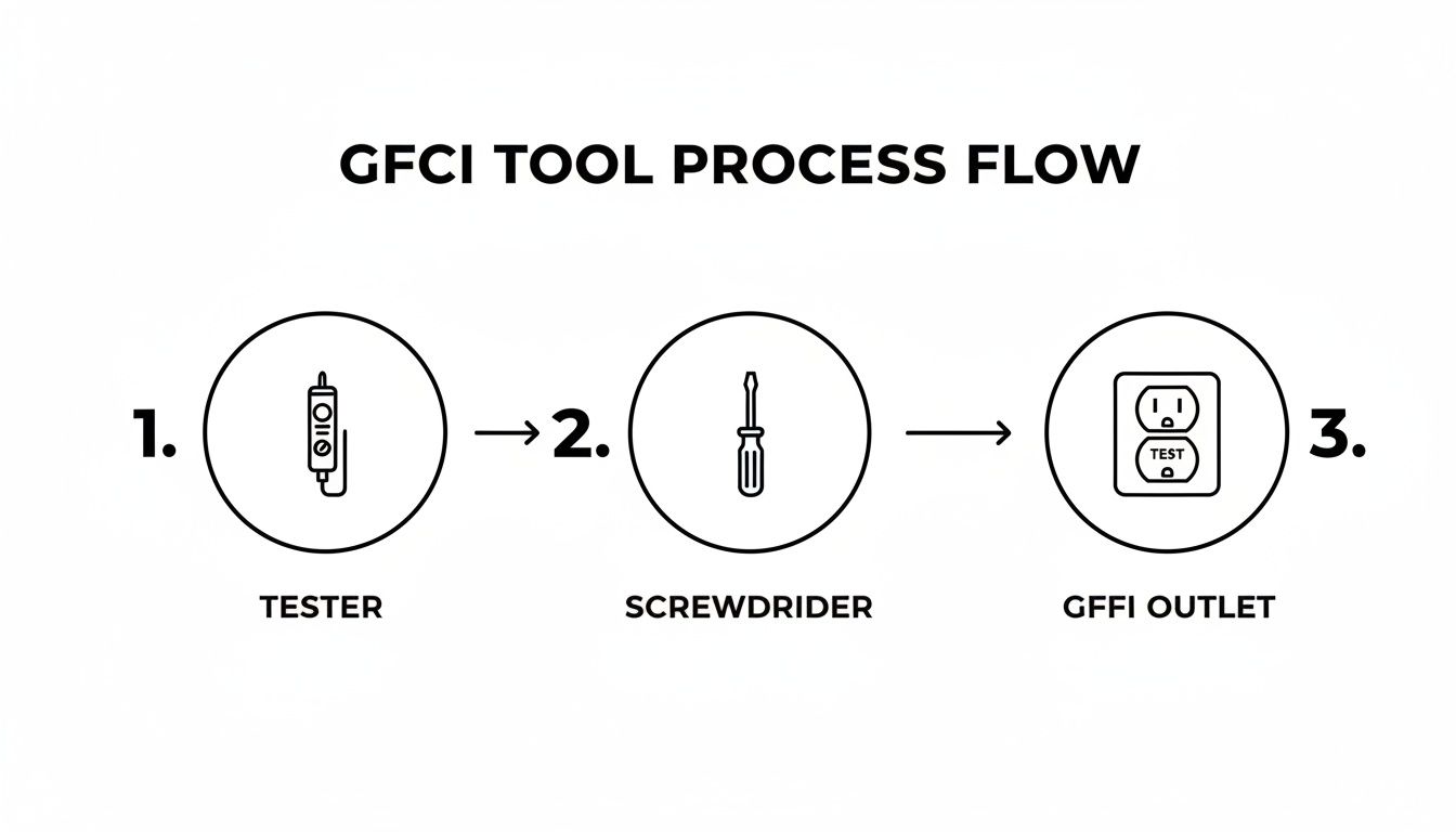Process flow diagram showing a GFCI tester, screwdriver, and GFCI outlet, outlining installation steps.