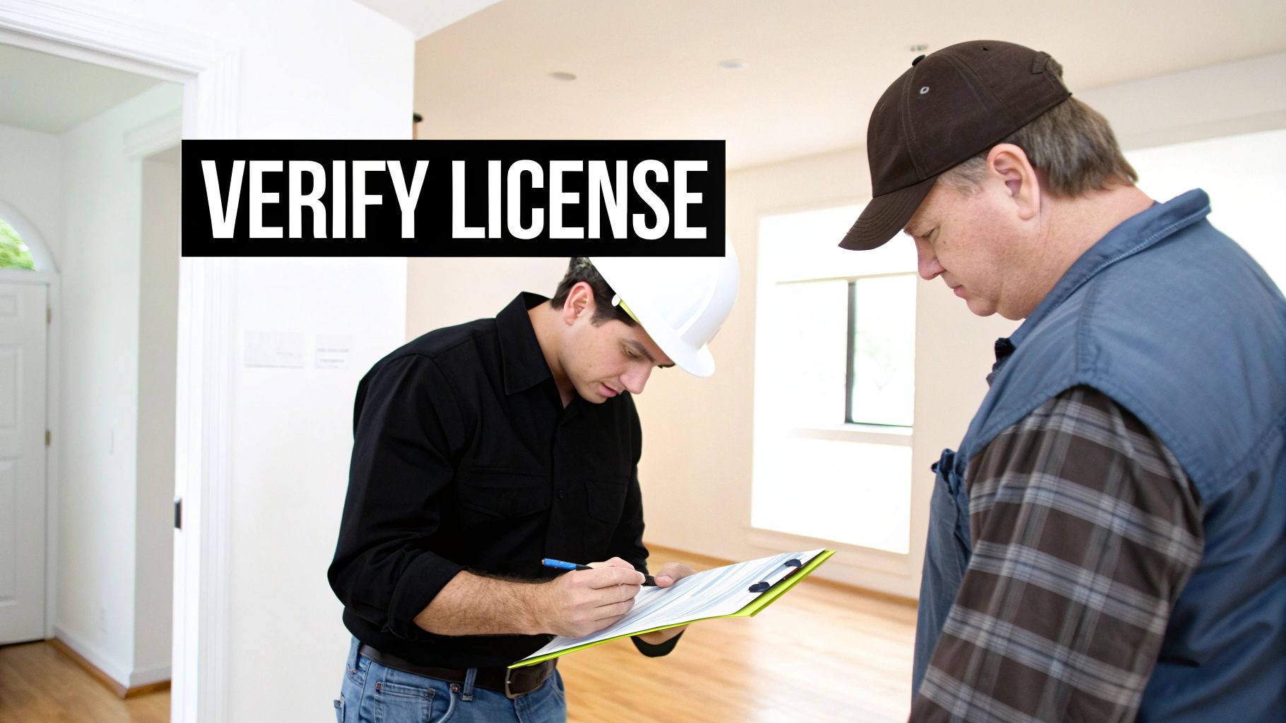 Two contractors, one in a hard hat signing a clipboard, with a prominent 'VERIFY LICENSE' sign.