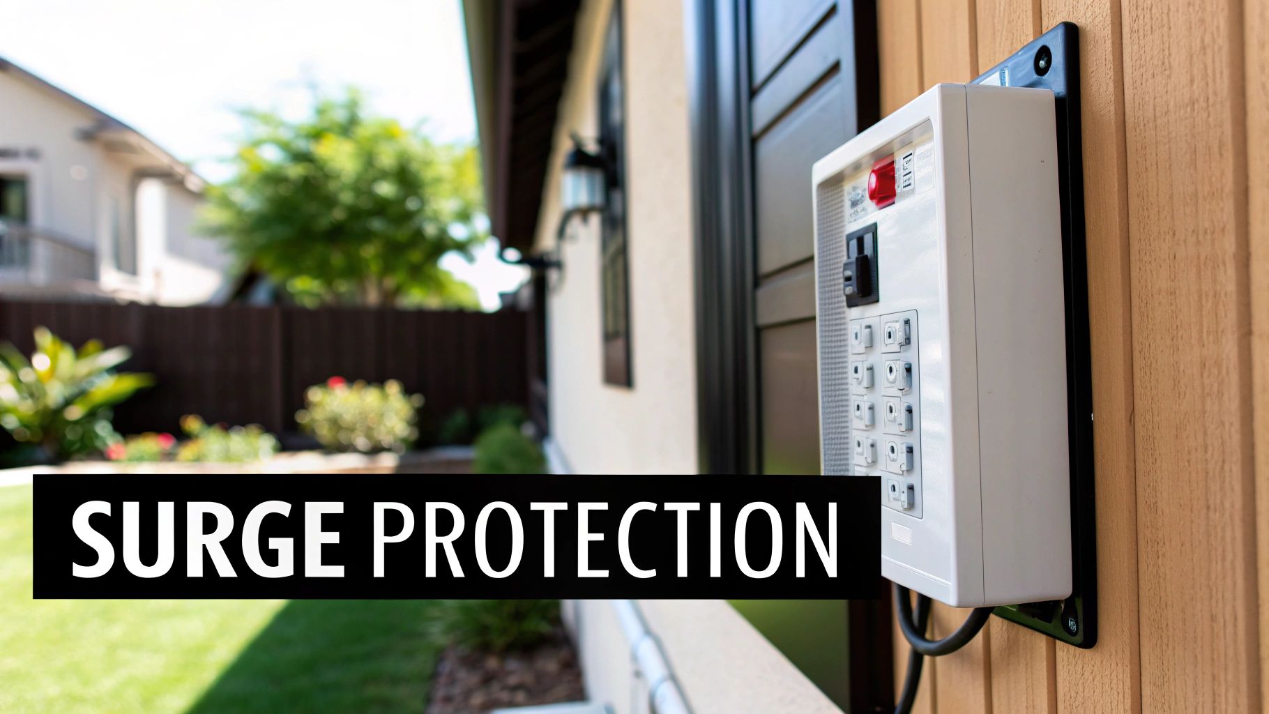An outdoor whole-house surge protector is mounted on a light brown wooden siding, with a red indicator light visible.