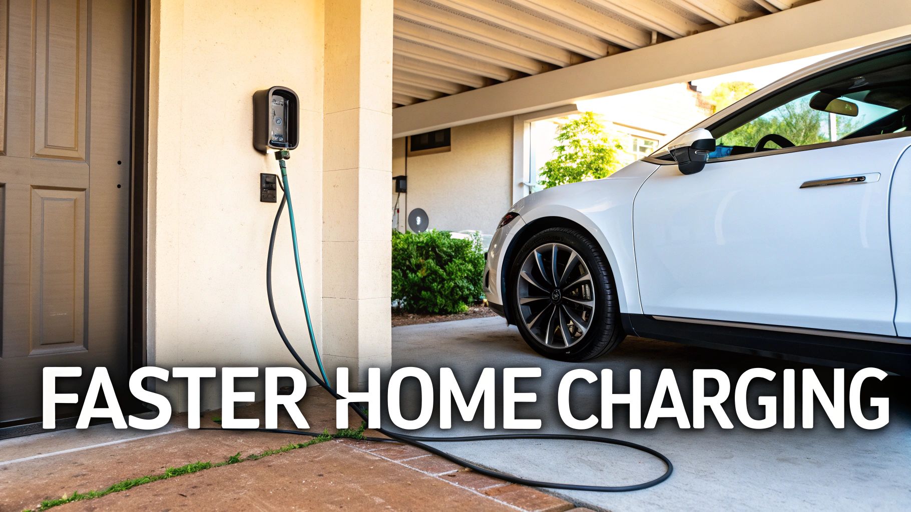 A white electric vehicle charges at home from a wall-mounted EV charging station.