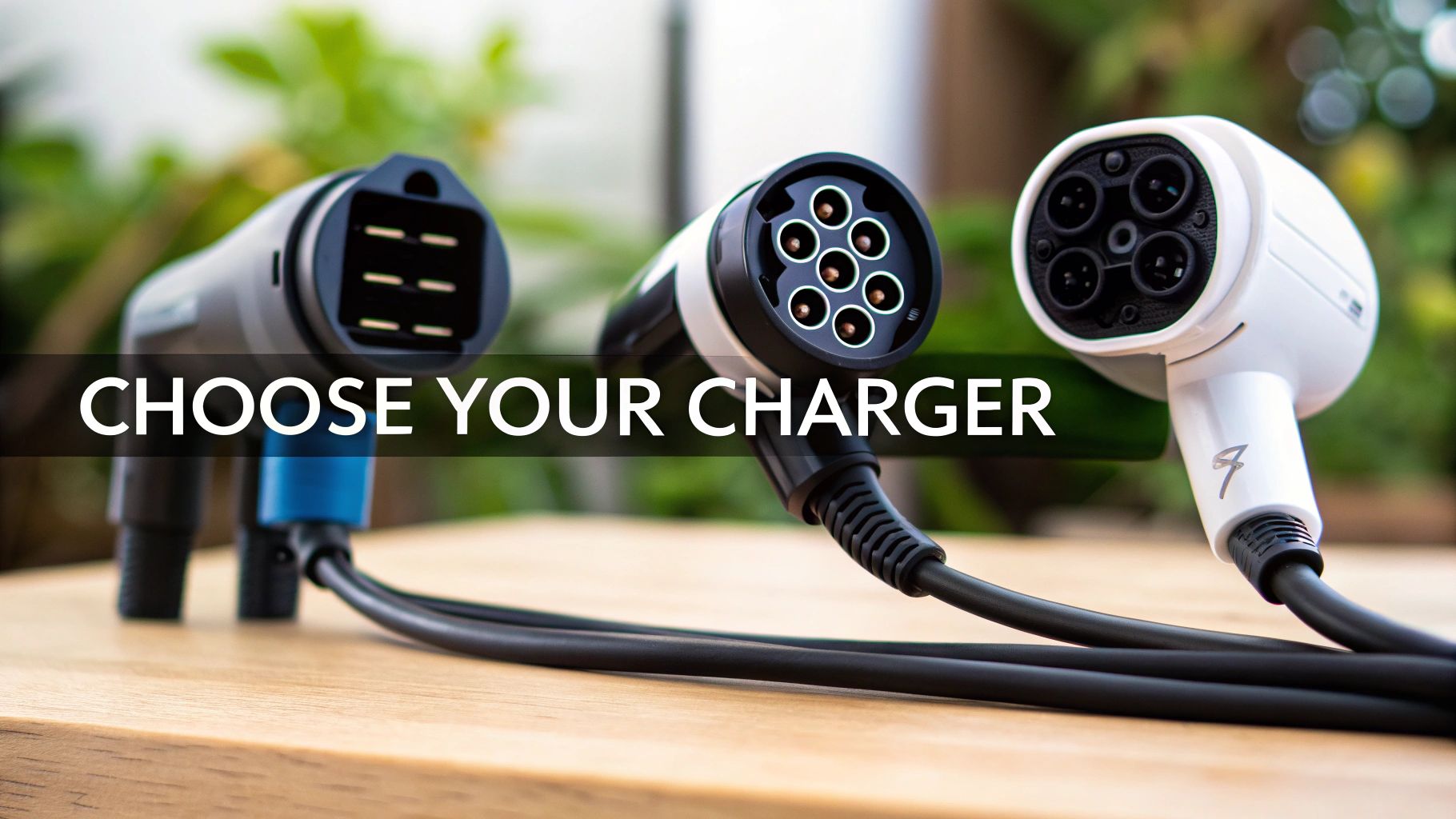 Three distinct electric vehicle (EV) charging plugs, showcasing different connector types, rest on a wooden table.