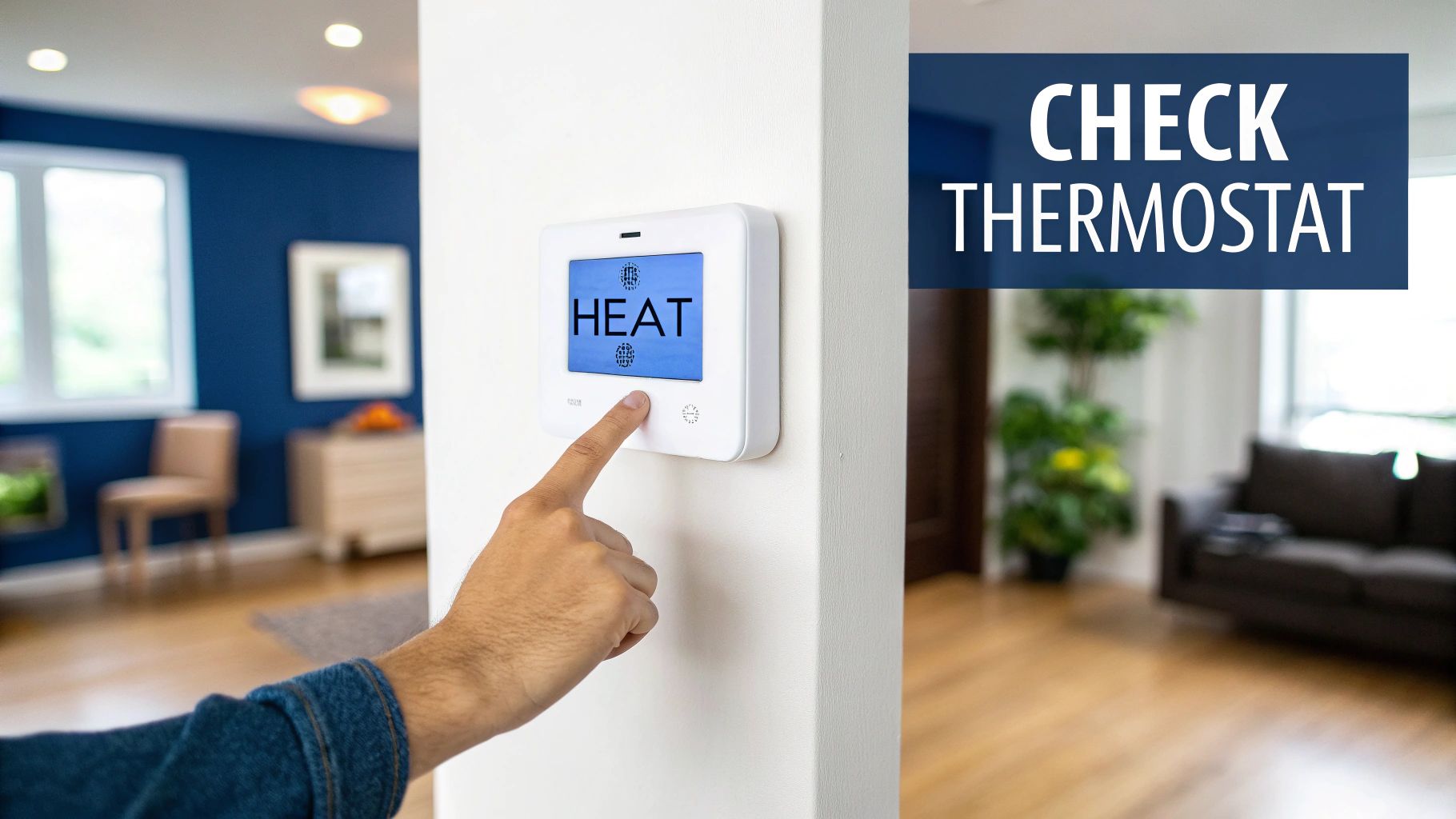 Furnace not blowing hot air: Quick Fixes and Troubleshooting Tips 3 A person's hand presses a button on a white digital thermostat displaying 'HEAT' in a home.