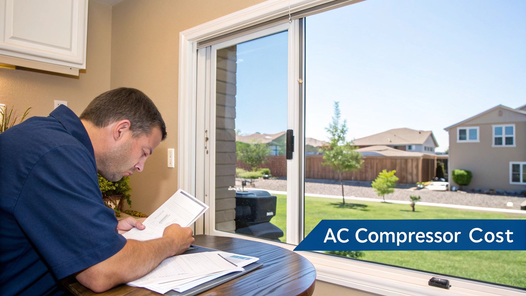 A man intently reads documents at a table by a sunny patio door, with 'AC Compressor Cost' text visible.