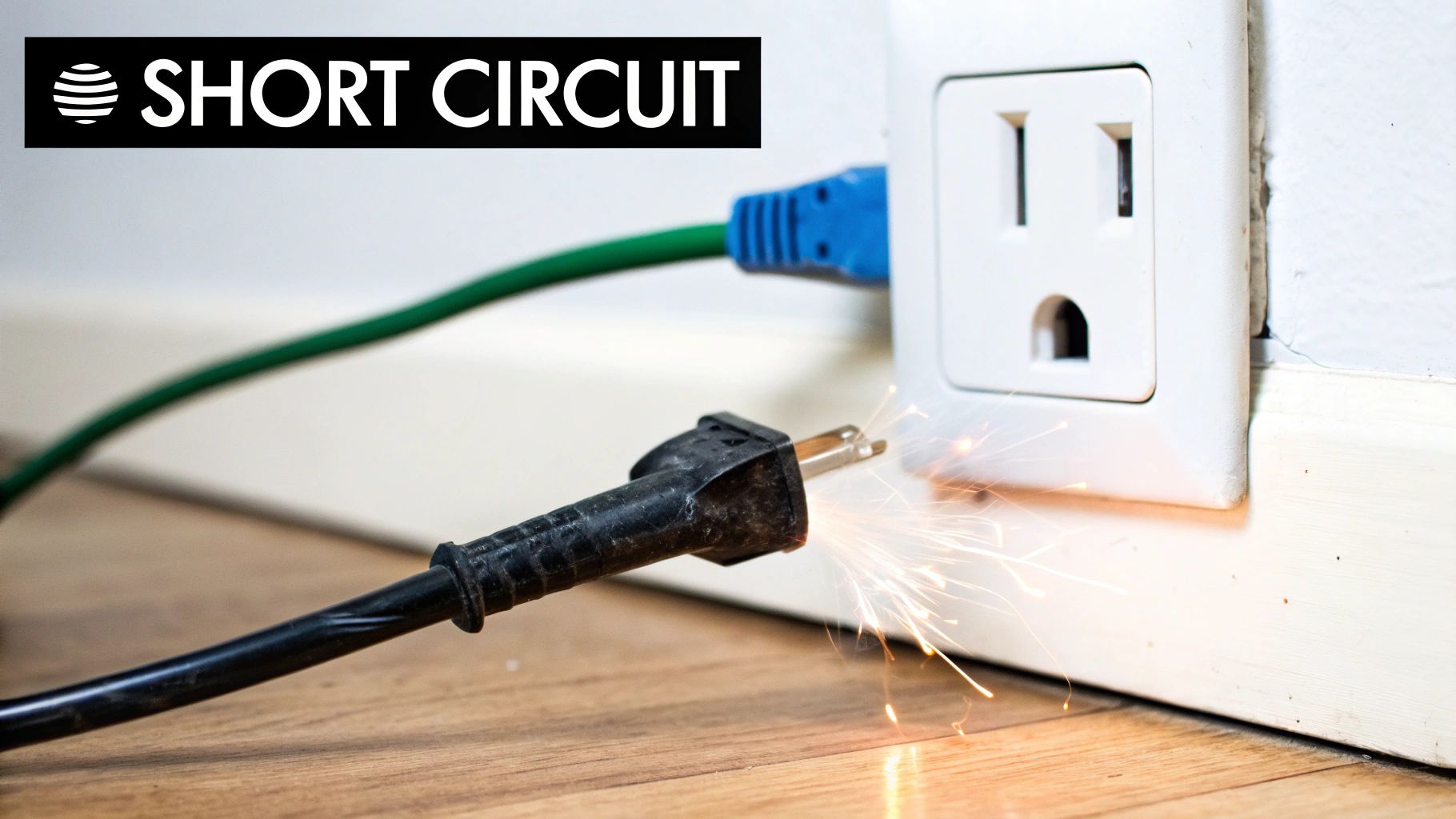 Close-up of a black power plug sparking as it's inserted into an electrical outlet.