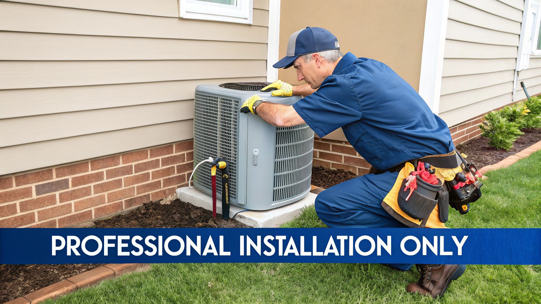 A professional HVAC technician wearing gloves inspecting an outdoor air conditioning unit near a house.