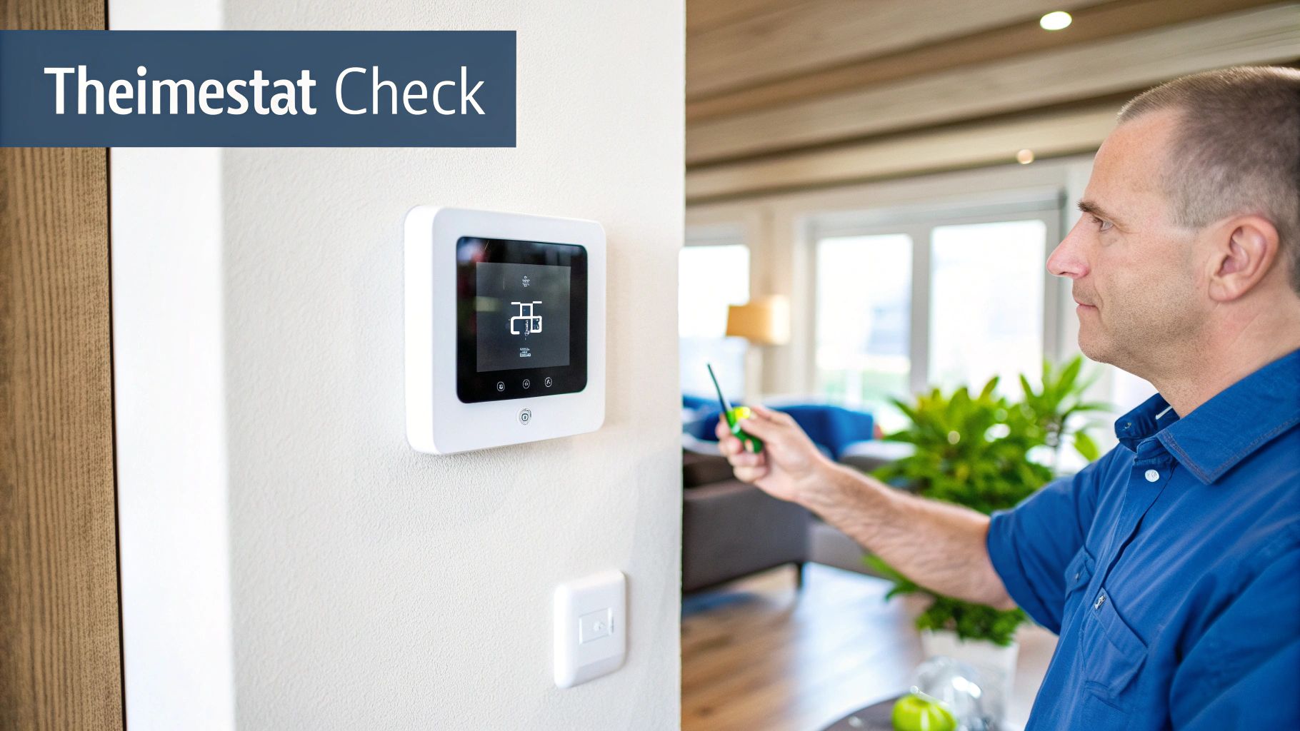 A man in a blue shirt performs a check on a white smart thermostat on a wall.