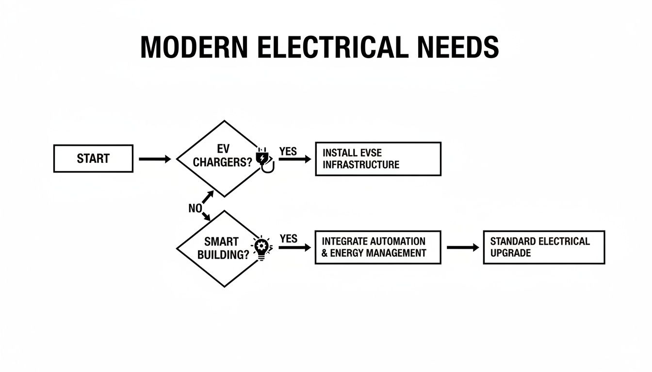 Flowchart outlining modern electrical needs, including EV chargers, smart building integration, and electrical upgrades.