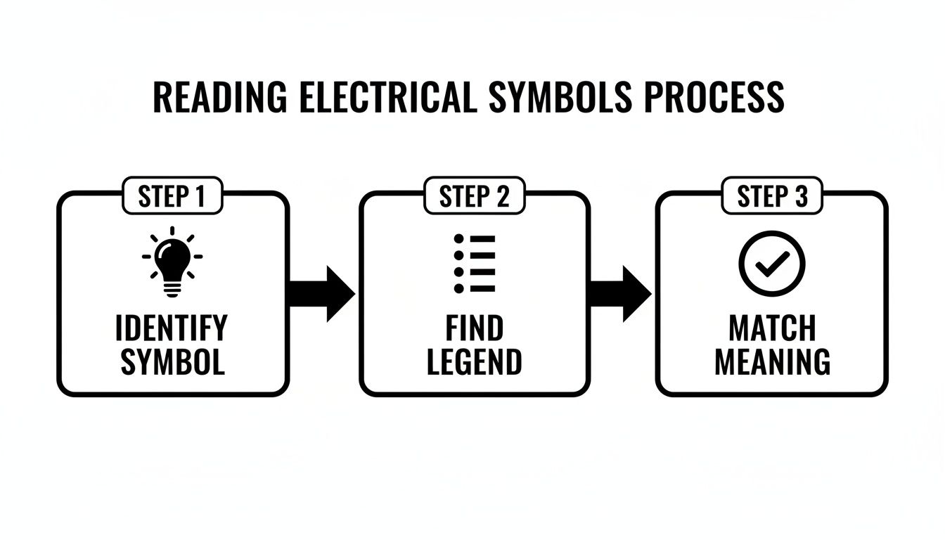 A three-step diagram illustrates the process of reading electrical symbols: identify, find legend, and match meaning.