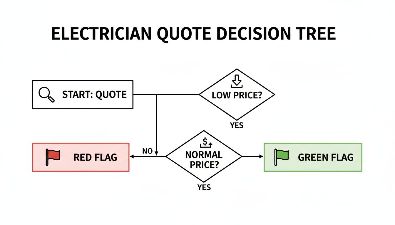 Flowchart illustrating an electrician quote decision tree, evaluating prices for red or green flags.