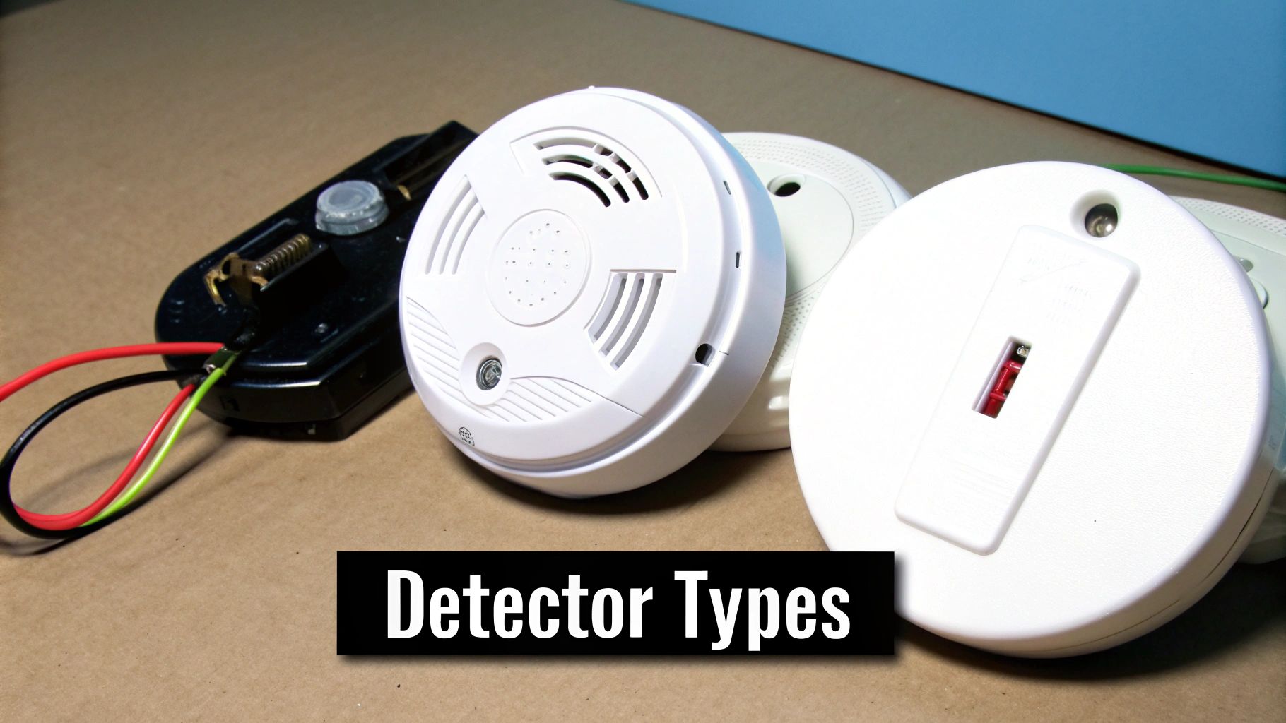 A close-up view of several white smoke detectors and a battery connector on a table.