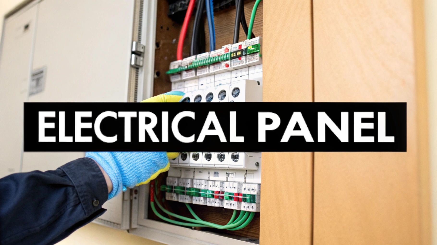 A gloved electrician works on an open electrical panel, adjusting circuit breakers and colorful wires.