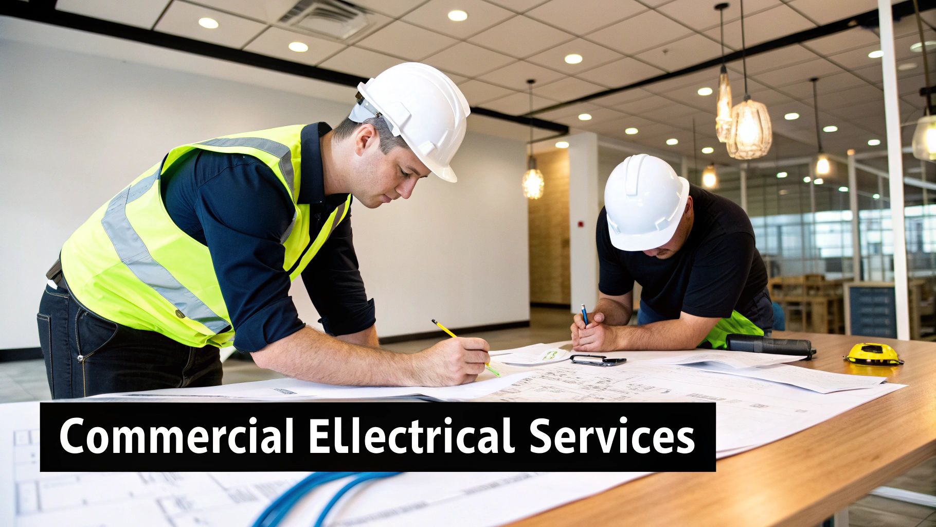 Two commercial electricians in hard hats and a safety vest review blueprints for electrical services.