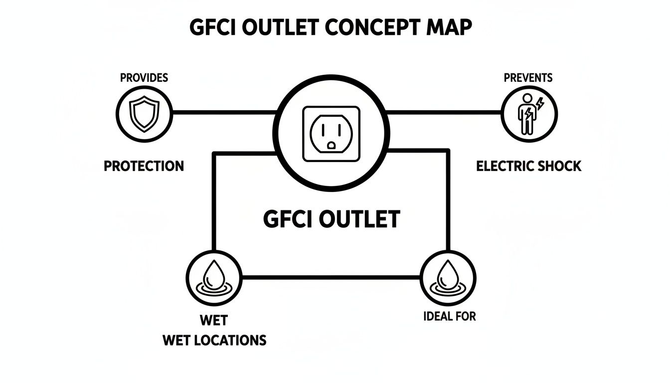 A concept map showing a GFCI outlet provides protection, prevents electric shock, and is ideal for wet locations.