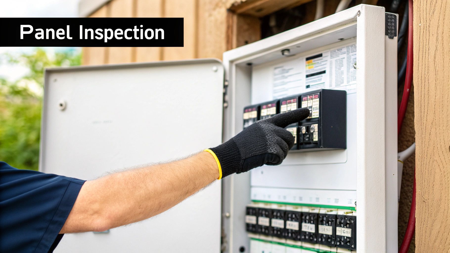 A gloved hand points to circuit breakers inside an electrical panel during a home inspection.