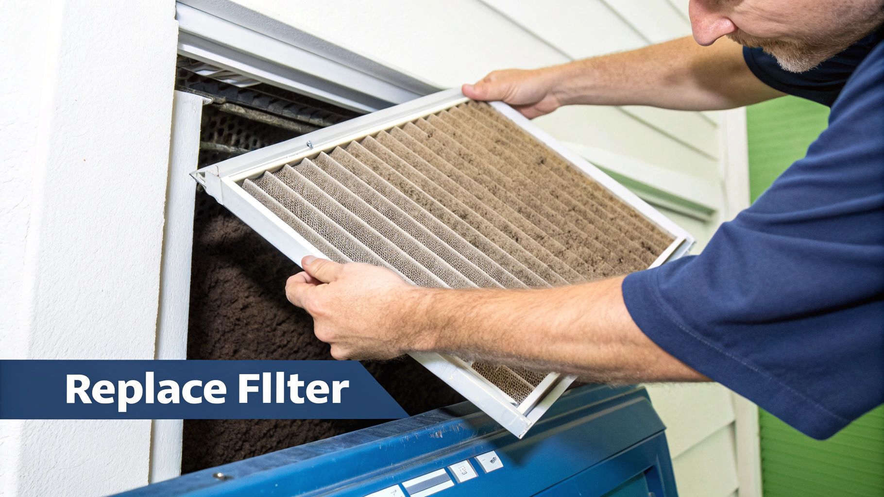 A person replaces a visibly clogged air conditioner filter, highlighting the need for maintenance.