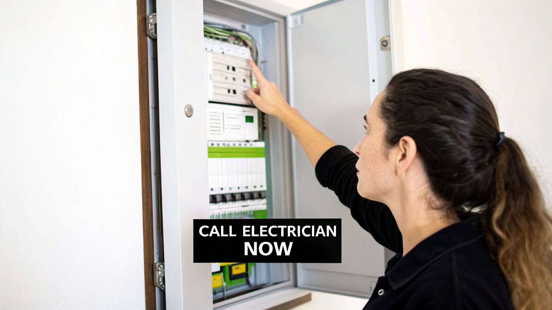 A person inspects an open electrical panel, pointing at the complex wiring and circuit breakers inside.