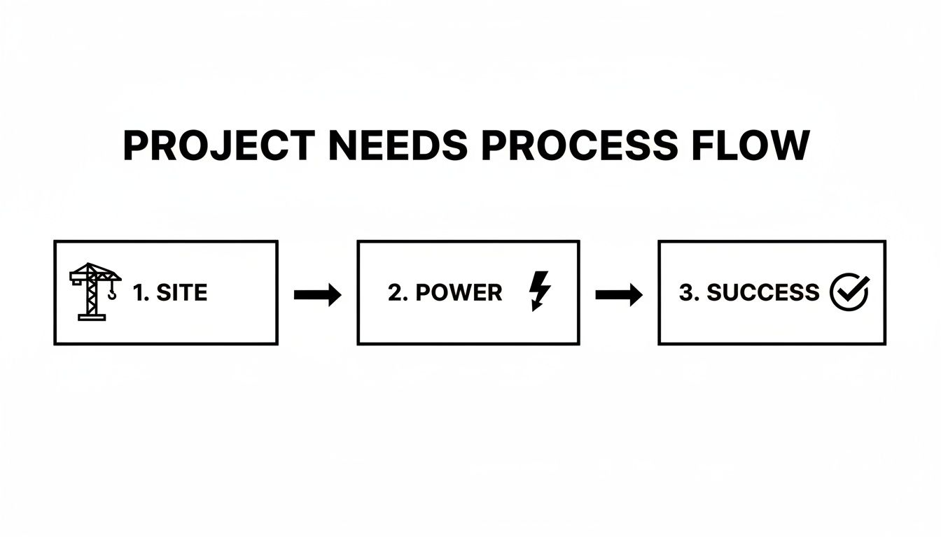 A process flow diagram illustrating project needs: Site (crane), Power (lightning bolt), and Success (checkmark).