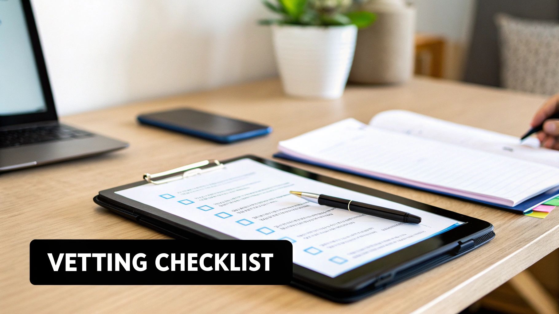 A person reviewing a vetting checklist on a tablet, with a laptop and phone on a wooden desk.
