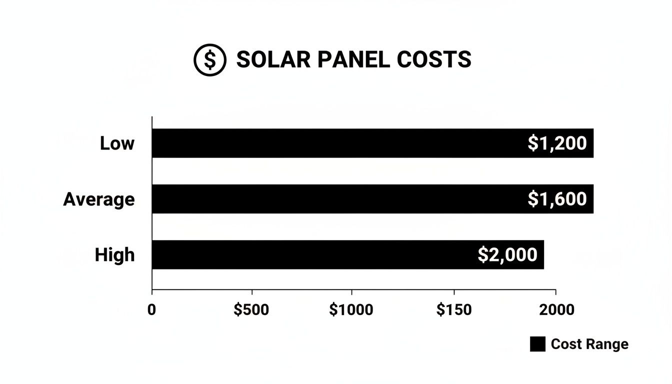 Bar chart illustrating solar panel costs: low $1,200, average $1,600, high $2,000.