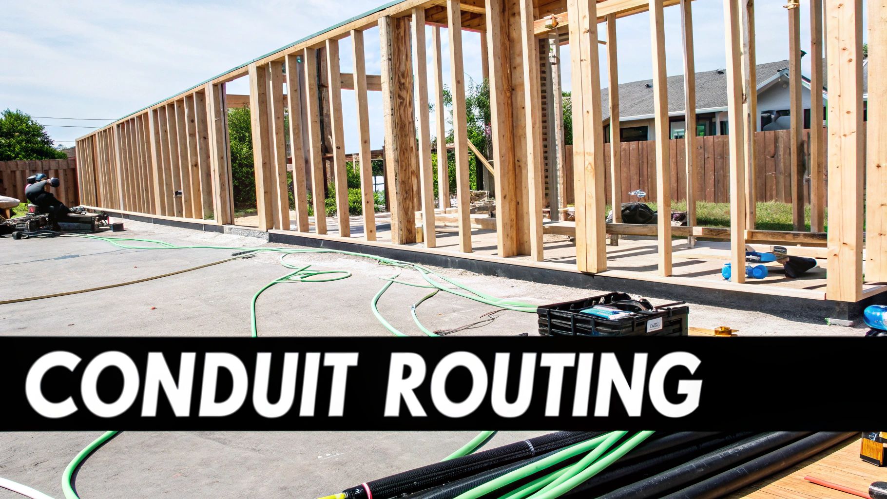 Workers route green electrical conduits around a new wooden house frame on a construction site.