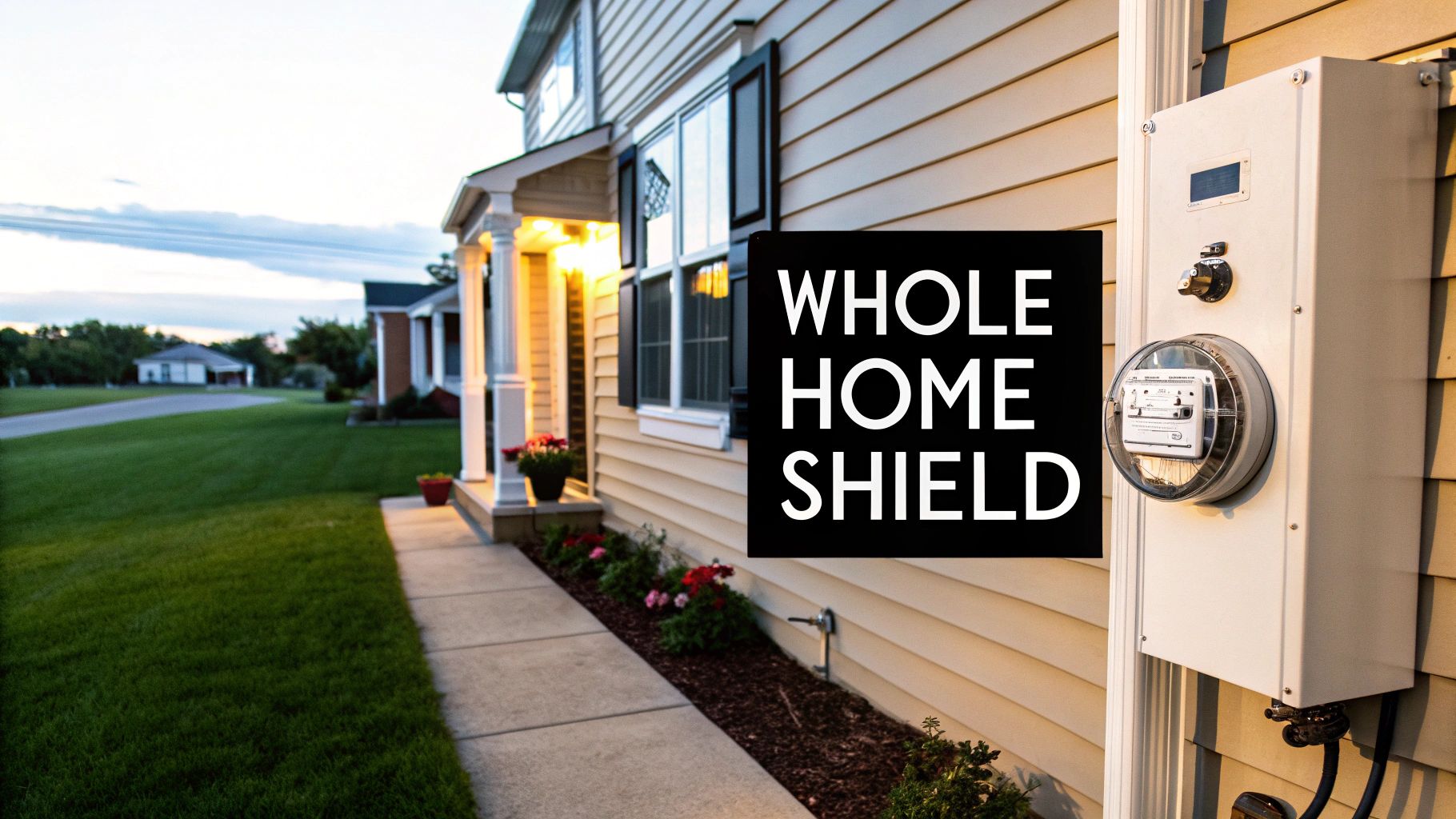 A residential house exterior featuring a prominent electric meter and a 'WHOLE HOME SHIELD' product.